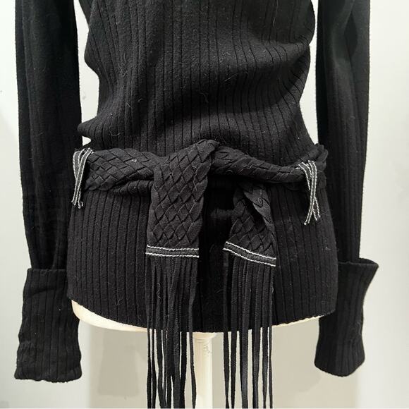 NEW Willi Smith Ribbed Boho Fringe Belted Contrast Longline Collar Sweater Top S - Picture 7 of 13